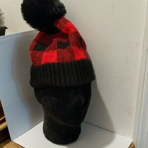 Red & Black Buffalo Plaid Pom Pom Beanie - Adults New